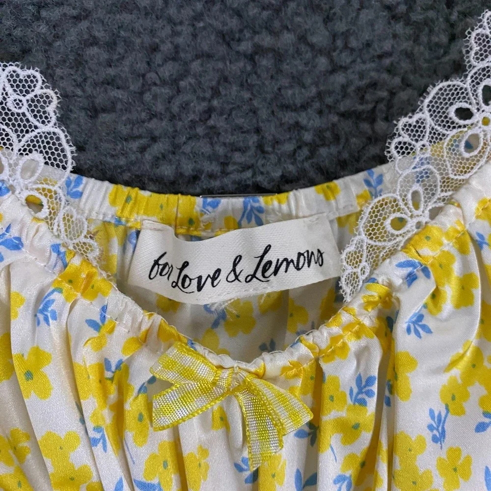 For Love & Lemons Dress FITS XS Yellow Daffodil Floral Puff Sleeve Satin Mini